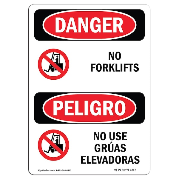 Safety Sign, OSHA Danger, 5" Height, No Forklifts Bilingual Spanish, 10PK